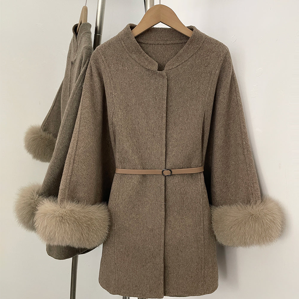 OFTBUY Belt Loose Cloak Natural Fur Woolen Jacket Real Fox Fur Collar and Cuffs Wool Coat Female New Autumn Winter Clothes Lady