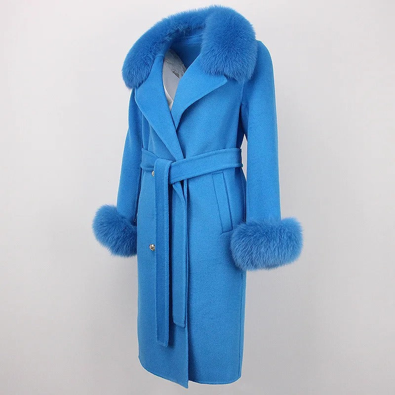 OFTBUY Winter Jacket Women Long Natural Wool Blends Cashmere Real Fur Coat Double Breasted Belt Warm Streetwear New Fashion