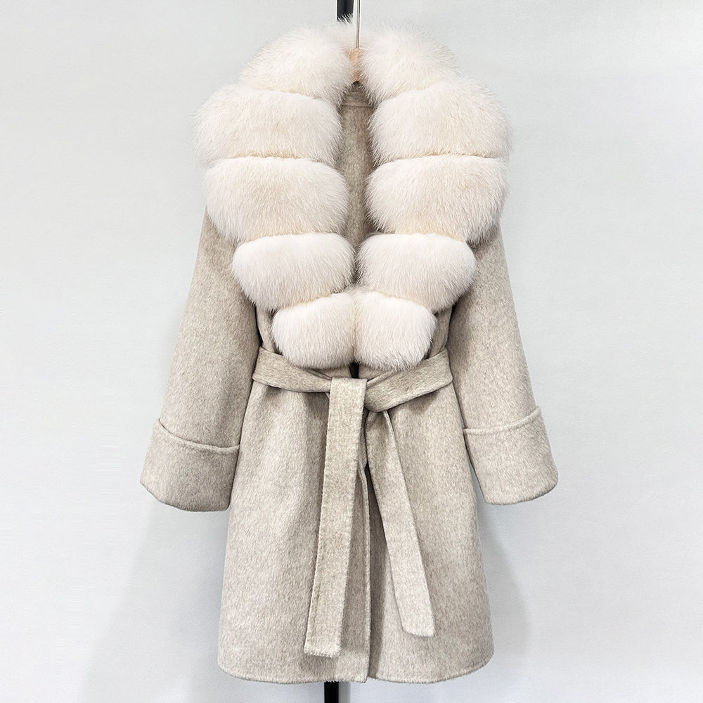 OFTBUY Natural Real Fox Fur Wool Blends Coat Women New Belt Pocket Winter Jacket Female Loose Woolen Outerwear Streetwear