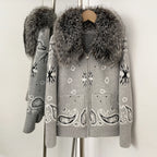 OFTBUY Women's Vintage Real Fox Fur Collar Knit Cardigan Paisley Print Zip Up Sweater Jacket Female Warm Winter Luxury Outerwear