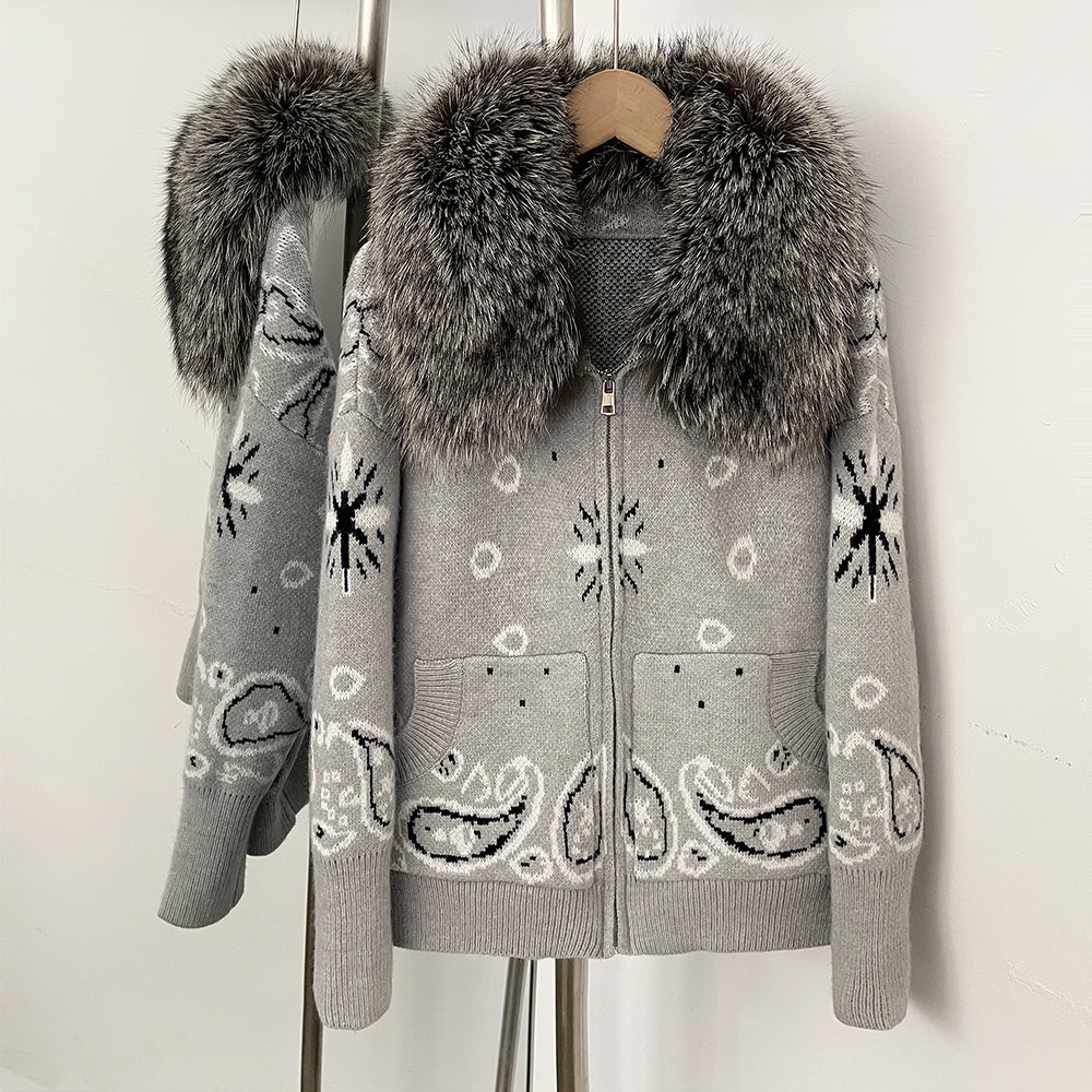 OFTBUY Women's Vintage Real Fox Fur Collar Knit Cardigan Paisley Print Zip Up Sweater Jacket Female Warm Winter Luxury Outerwear