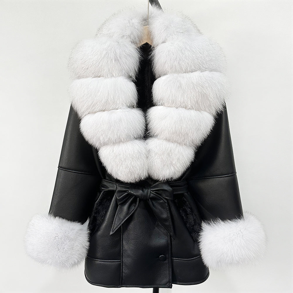 OFTBUY Large Natural Fox Fur Women Faux Leather Jacket Autumn Winter Fashion Ladies Warm Retor Faux Lamb Fur Coat Outwear