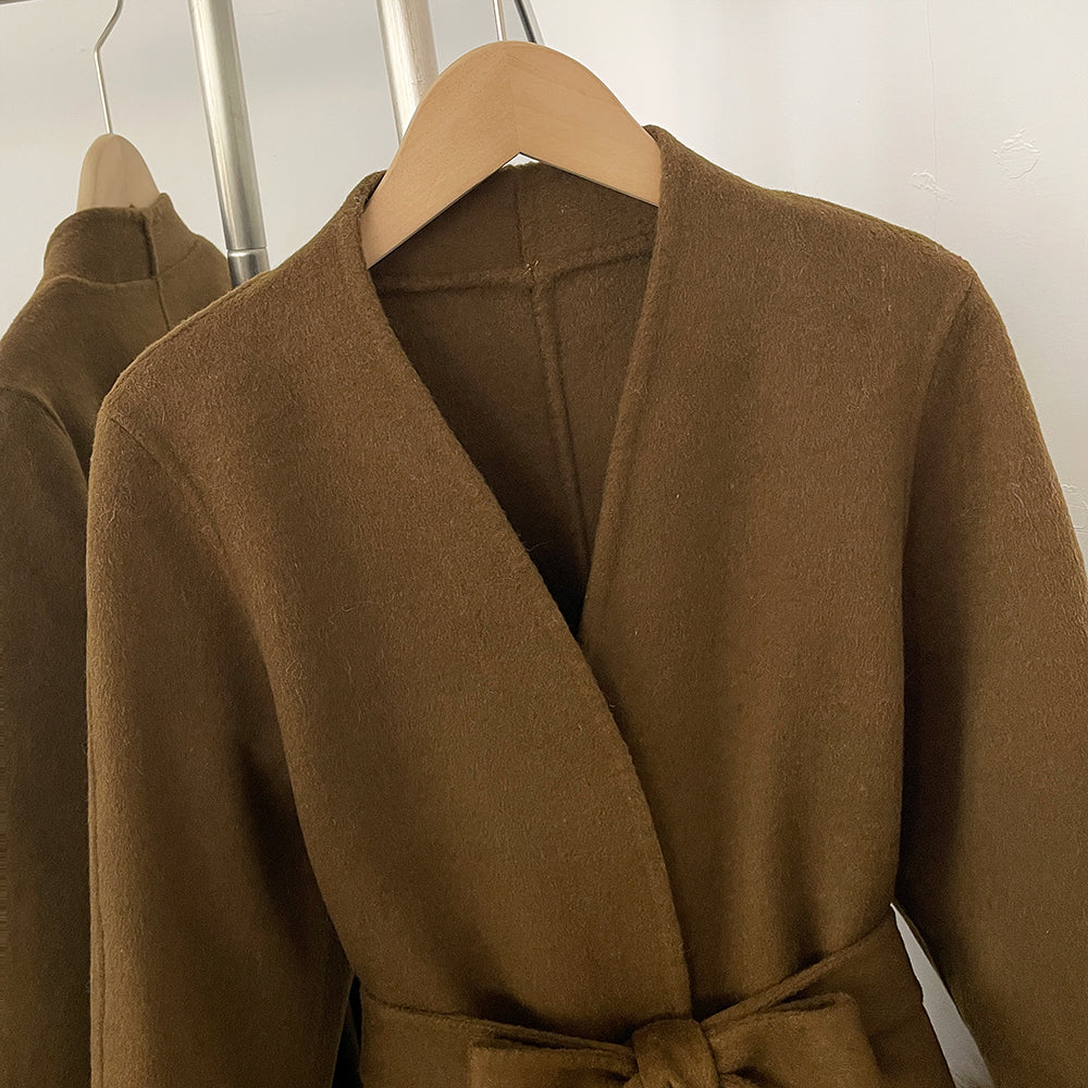 OFTBUY New Women's Double-Faced Wool Coat with Real Fox Fur Cuffs V-Neck Belted Bow Long Warm Winter Elegant Fashion Outerwear