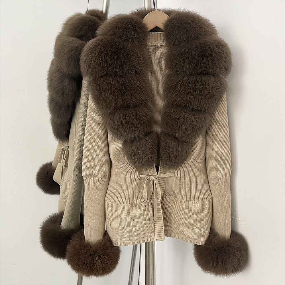 OFTBUY New Autumn Winter Knit Cardigan Women Fashion Warm Clothes with Real Fox Fur Luxury Natural Fur Sweater Jacket Female