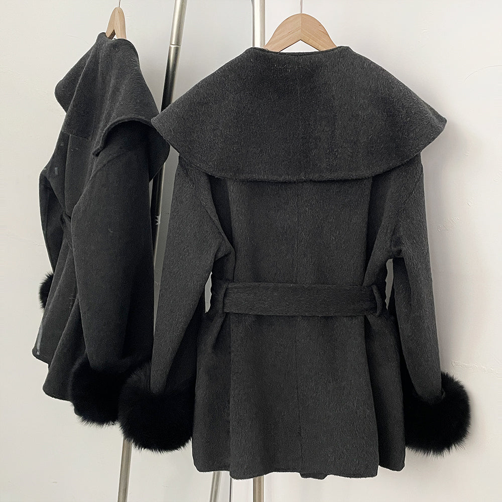 OFTBUY Pockets Elegant Warm Winter Fashion Outerwear Female New Women's Double-Faced Wool Coat Lapel Collar Belt Real Fox Fur