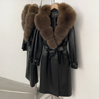 OFTBUY Long Faux Leather Jacket with Faux Fur Collar New Autumn Winter Clothes Women Fashion Belt Pocket Coat Female Streetwear