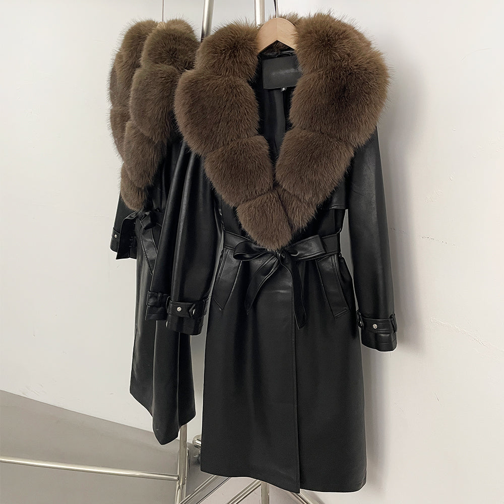 OFTBUY Long Faux Leather Jacket with Faux Fur Collar New Autumn Winter Clothes Women Fashion Belt Pocket Coat Female Streetwear
