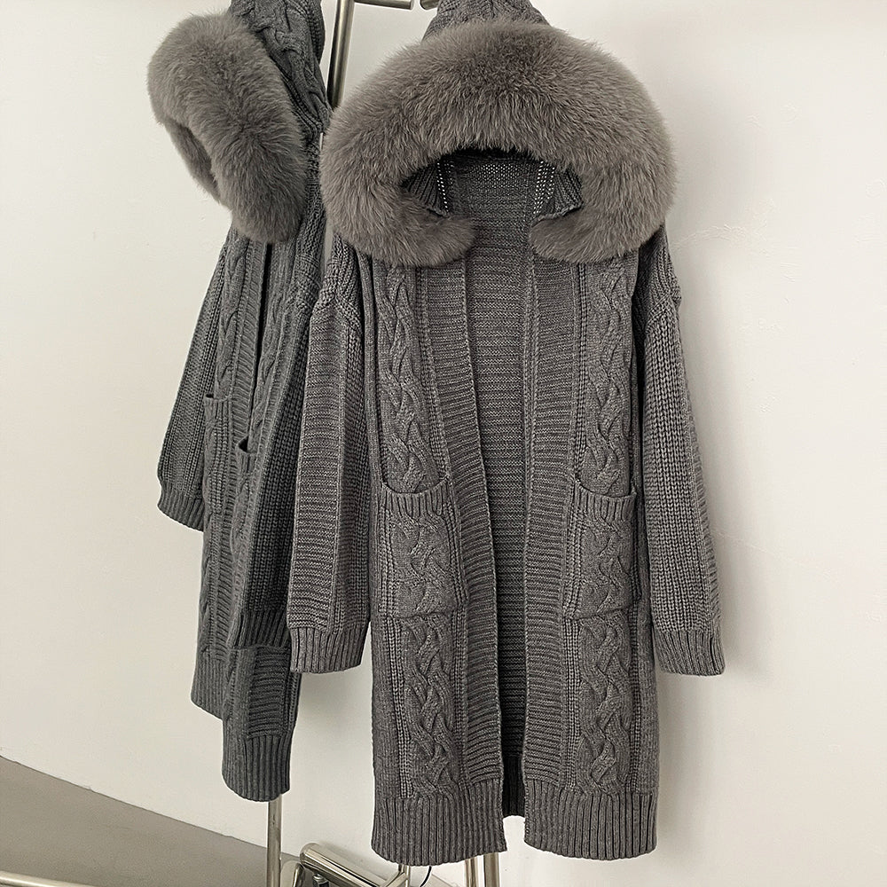 OFTBUY New Autumn Winter Knitted Clothes Women Fashion Thick Warm Belt Sweater Coat Female Hooded Real Fox Fur Cardigan Jacket