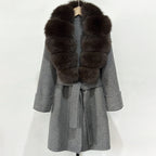 OFTBUY Natural Real Fox Fur Wool Blends Coat Women New Belt Pocket Winter Jacket Female Loose Woolen Outerwear Streetwear