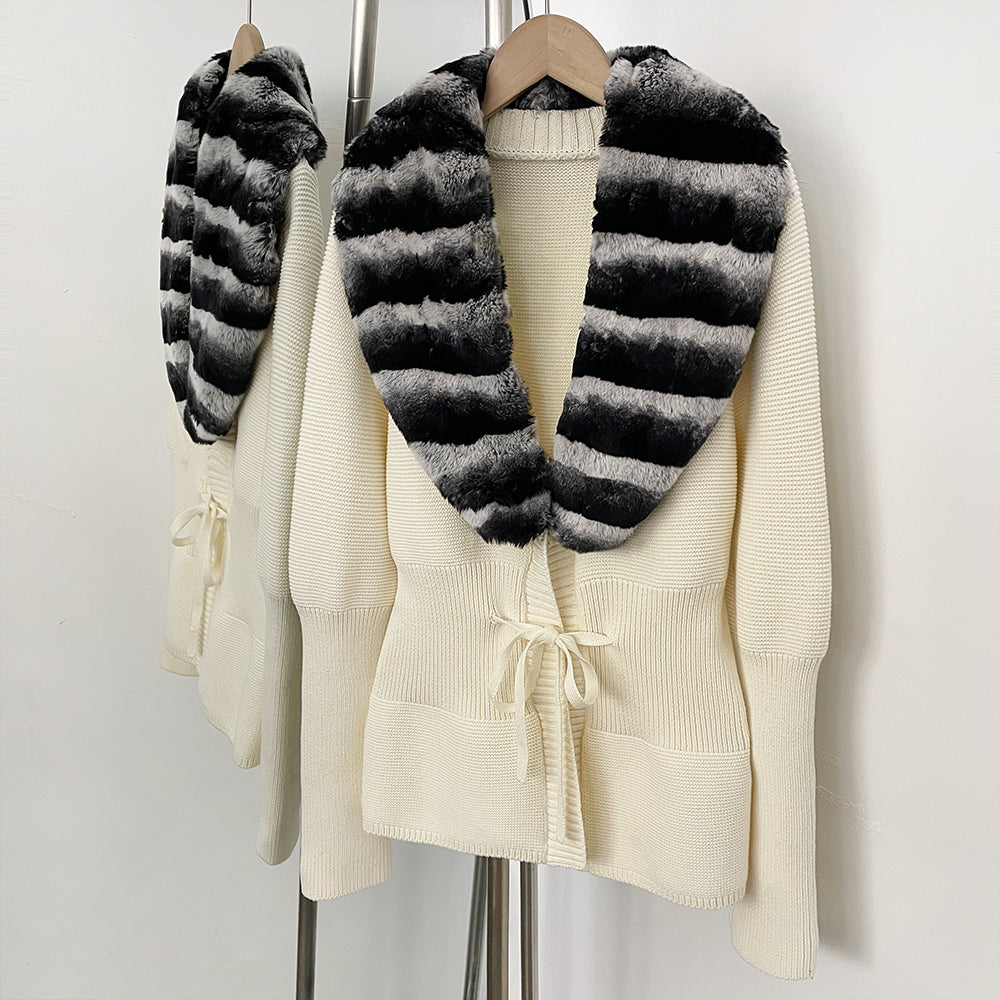 OFTBUY Drawstring Waist Slim Fit Jacket Warm Winter Outerwear New Women's 100% Cotton Knit Cardigan with Striped Rex Rabbit Fur