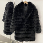 Front view of luxury 100% real fox fur mid-length coat in tiered black design