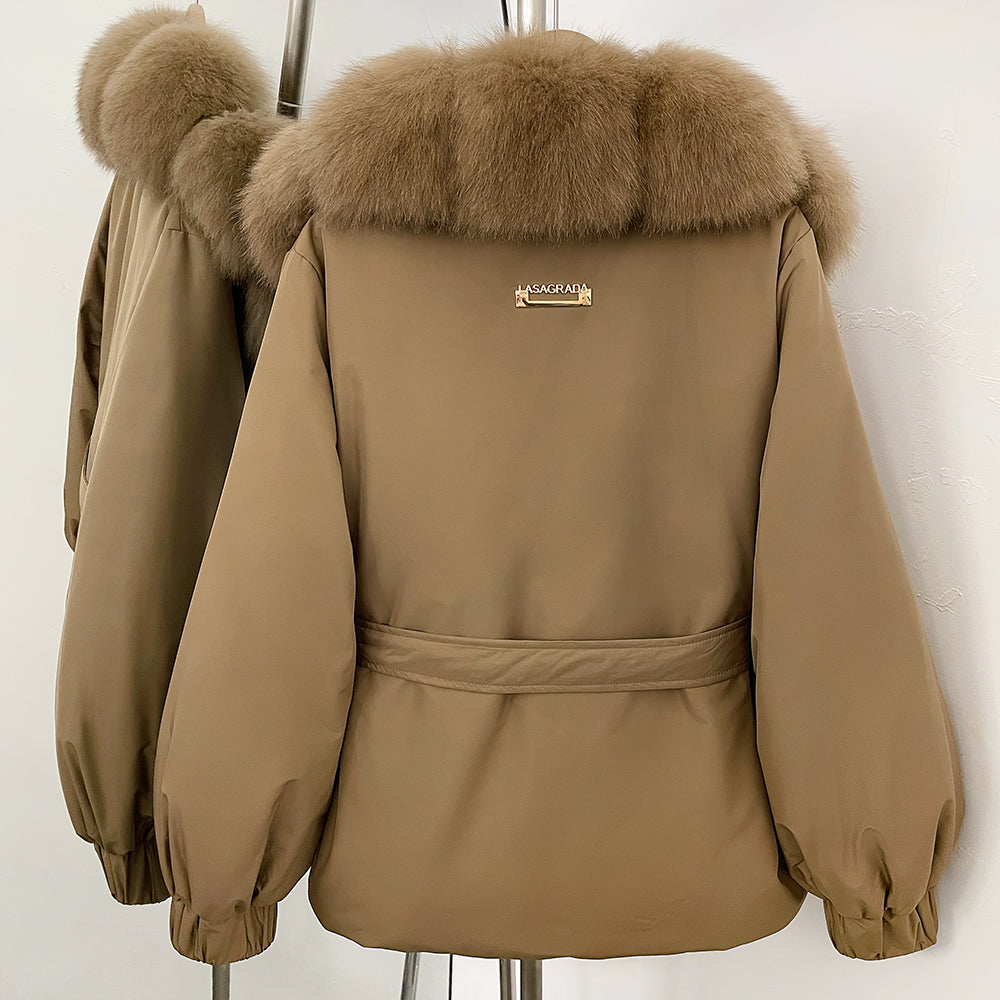 OFTBUY Winter Warm Women Real duck Down Jackets Natural Real Fox Fur Collar Puffer Jackets Belt Female Outwear Coats Hot Sale