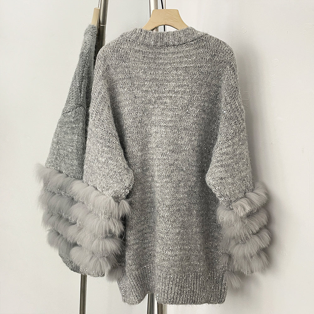 OFTBUY Loose Oversize Knitwear Coat Real Fox Fur Button Cardigan Swrater Jacket Female New Spring Autumn Knitted Clothes Women