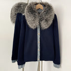 OFTBUY Denim Trim Warm Autumn Winter Fashion Outerwear Sweater Female New Women's Knit Cardigan with Large Real Fox Fur Collar
