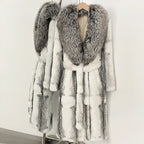  Frosted white grey gradient real rabbit fur long trench with oversized natural silver fox fur wrap collar & matching fur belt