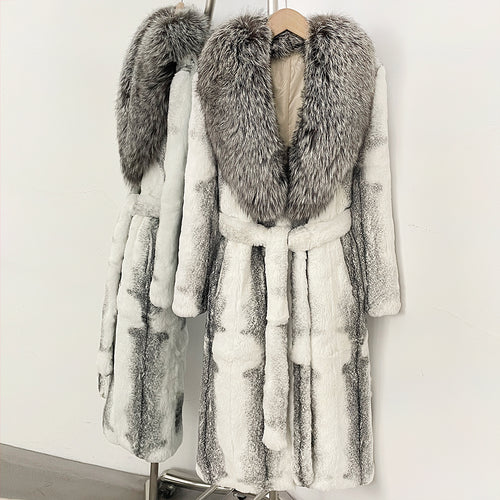  Frosted white grey gradient real rabbit fur long trench with oversized natural silver fox fur wrap collar & matching fur belt