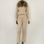 OFTBUY Winter New Women's Knitted Tracksuit Set with Fox Fur Collar Zipper Jacket Wide Leg Pants Luxury Casual Two-Piece Outfit