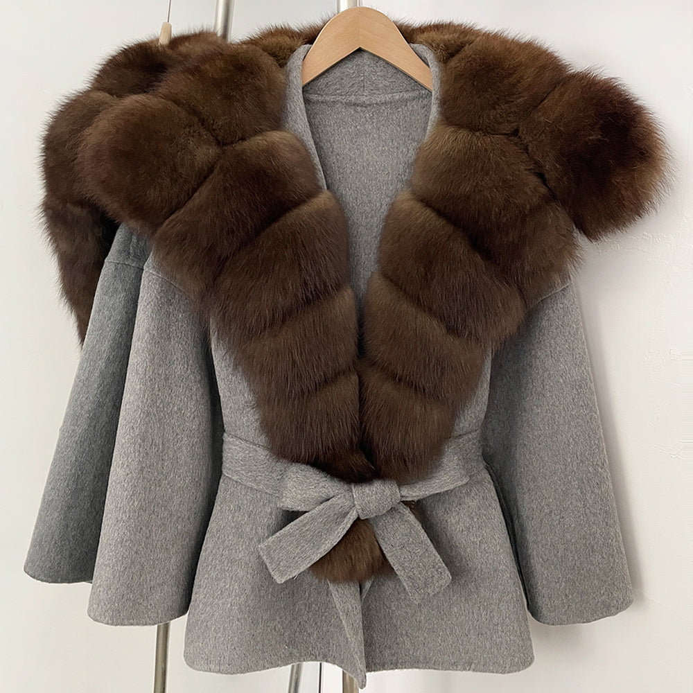 OFTBUY Belt Real Fox Fur Wool Coat Female New Autumn Winter Warm Clothes Women Natural Fox Fur Collar Cashmere Woolen Jacket