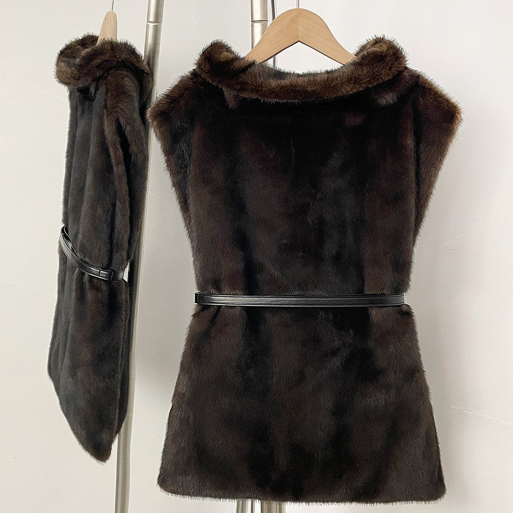 OFTBUY Luxury Sleeveless Faux Fur Jacket Women Fashion New Autumn Winter Fake Fur Clothes Female Warm Thick Belt Artificial Fur Coat