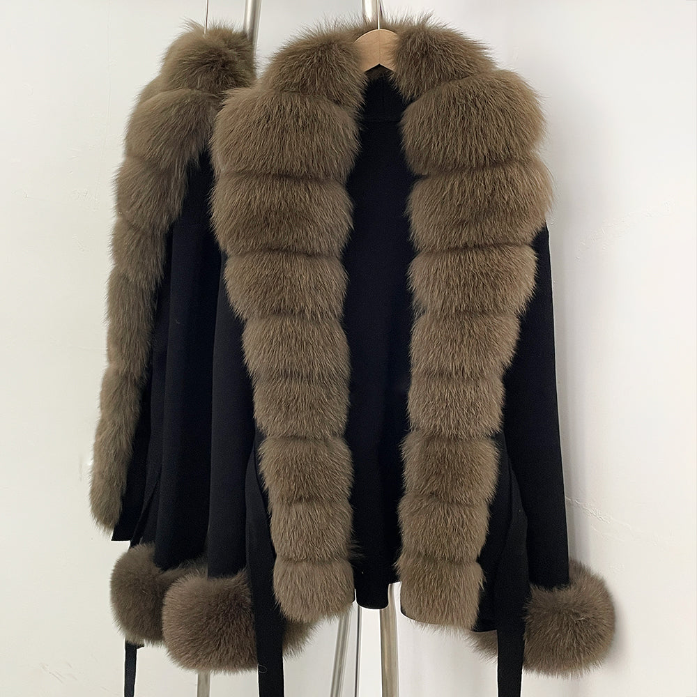 OFTBUY New Spring Autumn Clothing Women Fashion Real Fox Fur Kint Cardigan Female Belt Luxury Loose Fur Cuffs Sweater Jacket