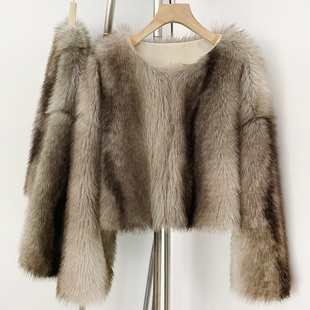 Silver fox style beige-grey faux fur jacket showing high-end texture