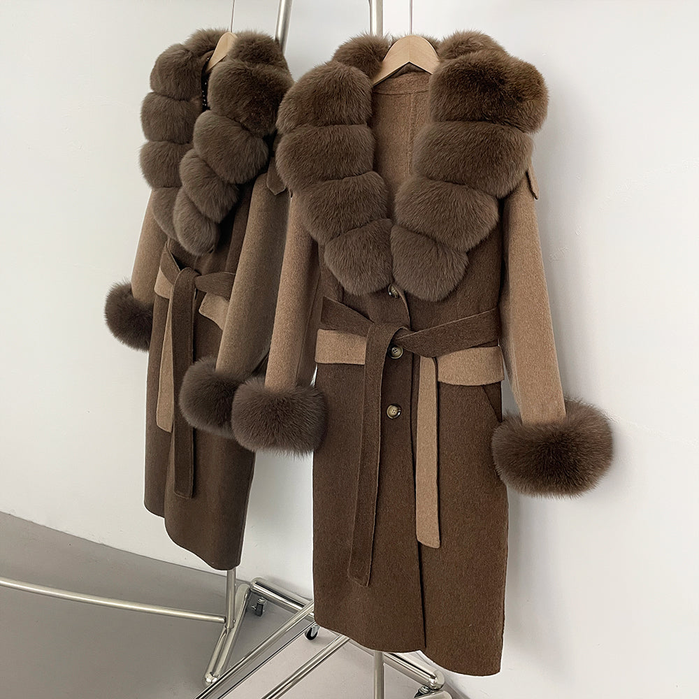 OFTBUY Patchwork Double-faced Cashmere Wool Jacket Real Fox Fur Collar Woolen Coat Female New Fashion Fur Winter Clothes Women