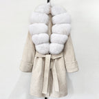 OFTBUY Natural Real Fox Fur Wool Blends Coat Women New Belt Pocket Winter Jacket Female Loose Woolen Outerwear Streetwear