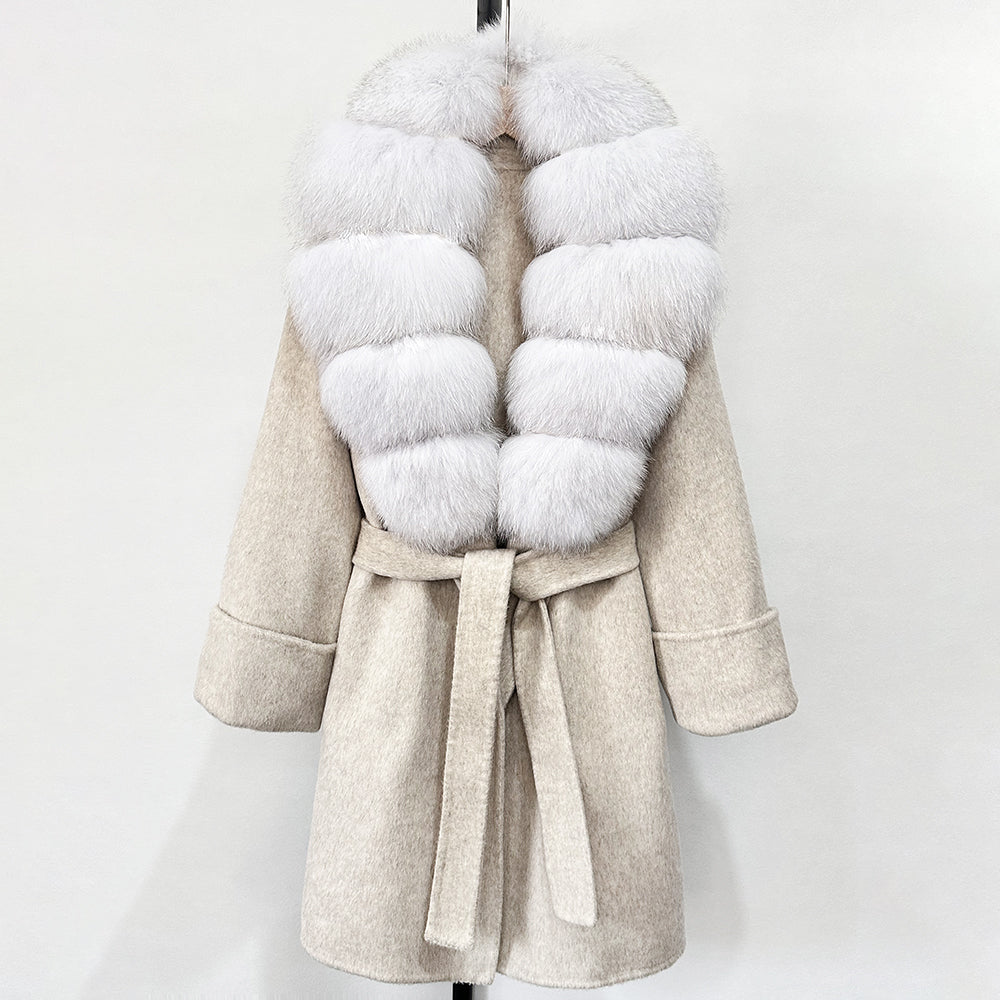 OFTBUY Natural Real Fox Fur Wool Blends Coat Women New Belt Pocket Winter Jacket Female Loose Woolen Outerwear Streetwear