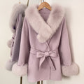 OFTBUY Purple Elegant Double-sided Wool Coat New Autumn Winter Clothes Women Real Fox Fur Scarf Collar Belt Wool Jacket Female