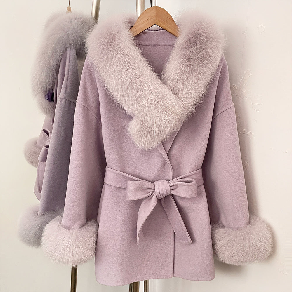 OFTBUY Purple Elegant Double-sided Wool Coat New Autumn Winter Clothes Women Real Fox Fur Scarf Collar Belt Wool Jacket Female