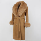 OFTBUY Winter Jacket Women Long Natural Wool Blends Cashmere Real Fur Coat Double Breasted Belt Warm Streetwear New Fashion