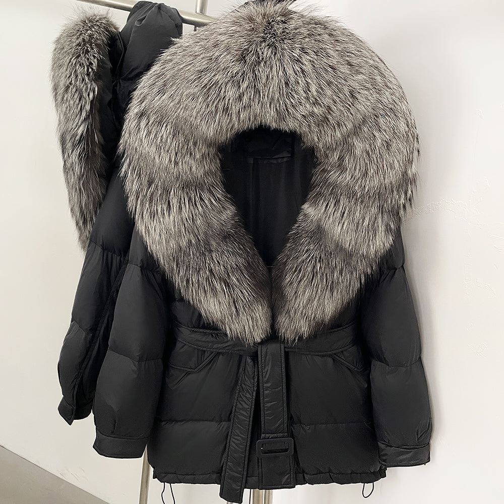 OFTBUY Thick Warm Mid-Long Puffer Coat Real Fox Fur Collar White Duck Down Coat Female Loose Warm Hooded Parkas With Belt