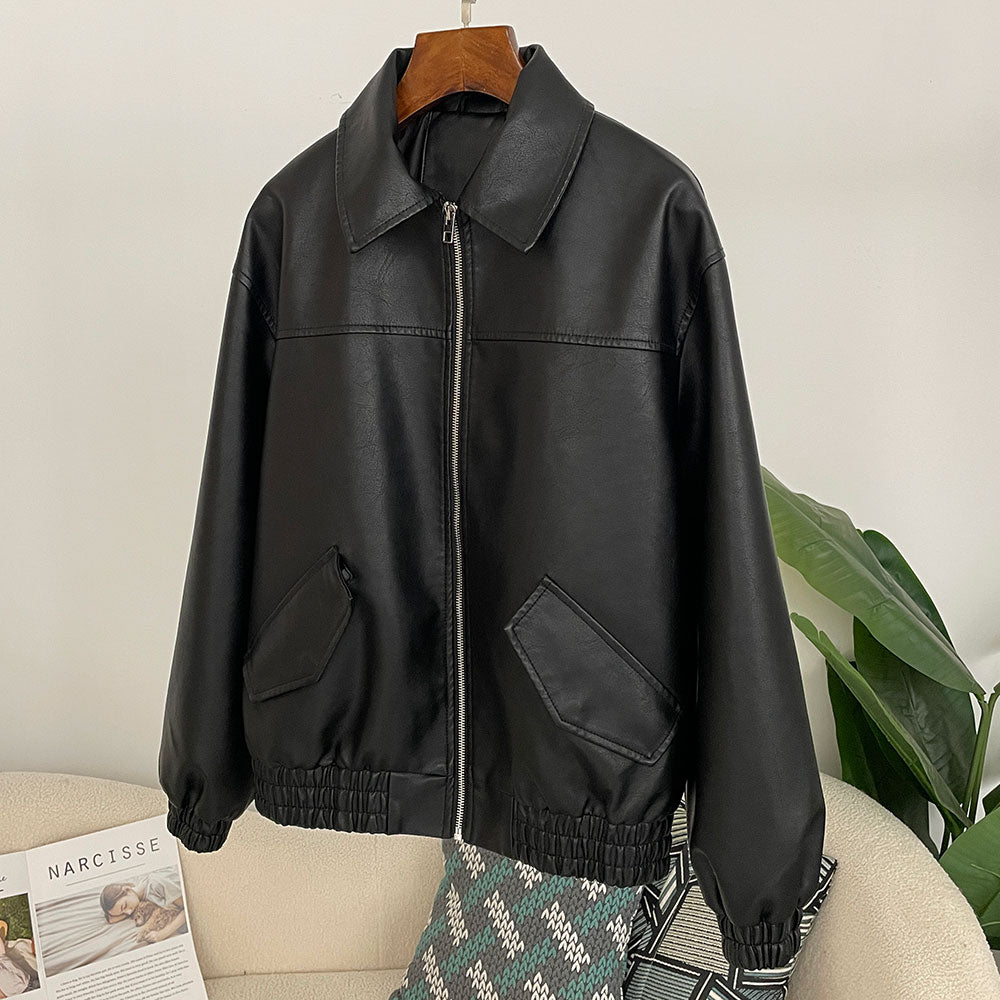 OFTBUY Women's Faux Leather Zip Up Jacket Lapel Collar PU Coat with Pockets new autumn winter Casual Vintage Outerwear female