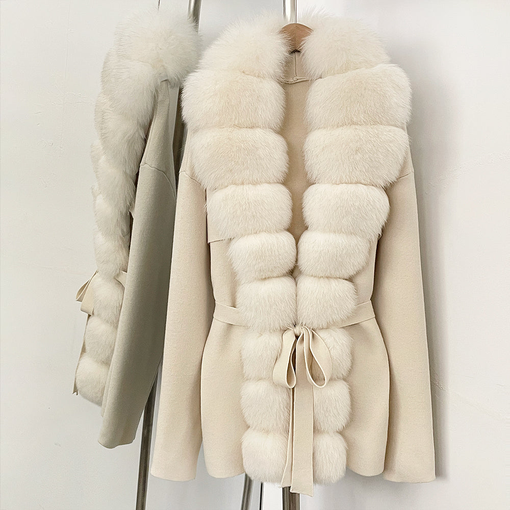 OFTBUY Luxury Warm Winter Fashion Outerwear New Women's Knit Cardigan with Oversized Real Fox Fur Trim Self-Tie Belt Sweater