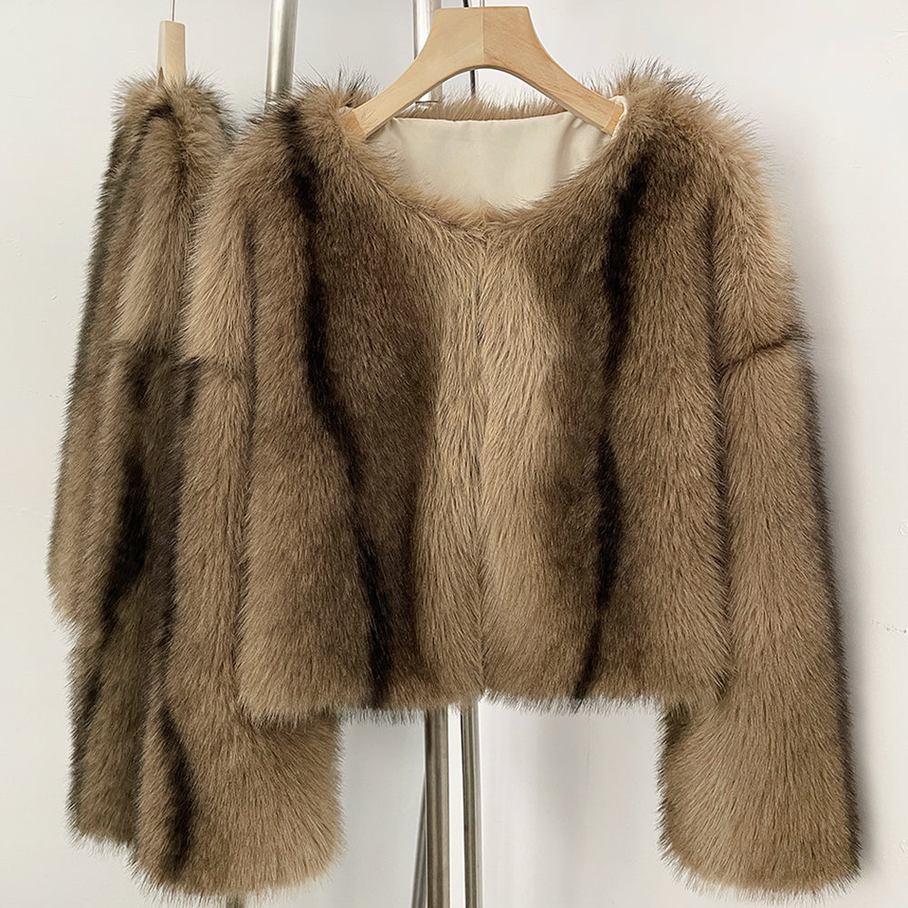 OFTBUY Luxury Collarless Faux Fur Jacket - Chic Short Fluffy Vegan Fur Coat for Women