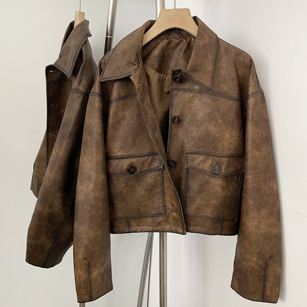 OFTBU Oversized Pockets Streetwear Fashion Outerwear Fake Leather Coat Female New Women's Vintage Washed Faux Leather Jacket