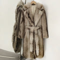OFTBUY Luxury Long-Length Belted Faux Fur Coat - Premium Vegan Silver Fox Style Overcoat with Oversized Lapel