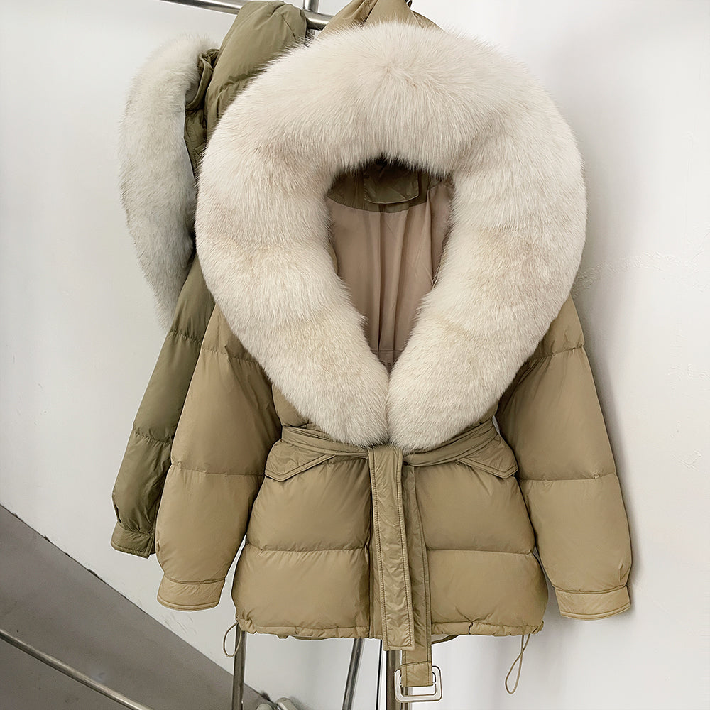 OFTBUY Thick Warm Mid-Long Puffer Coat Real Fox Fur Collar White Duck Down Coat Female Loose Warm Hooded Parkas With Belt