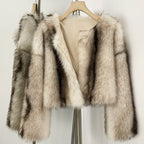 OFTBUY Luxury Collarless Faux Fur Jacket - Chic Short Fluffy Vegan Fur Coat for Women