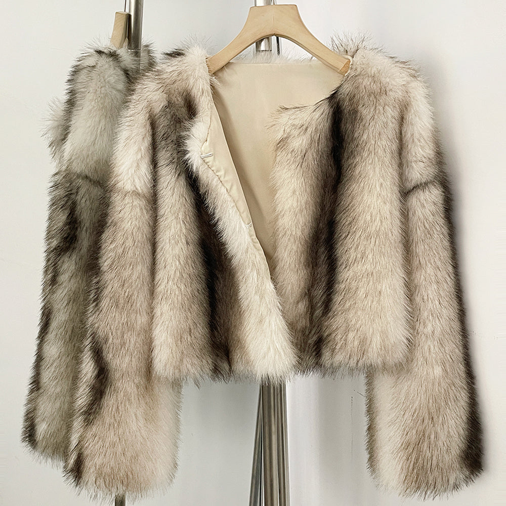 OFTBUY Luxury Collarless Faux Fur Jacket - Chic Short Fluffy Vegan Fur Coat for Women