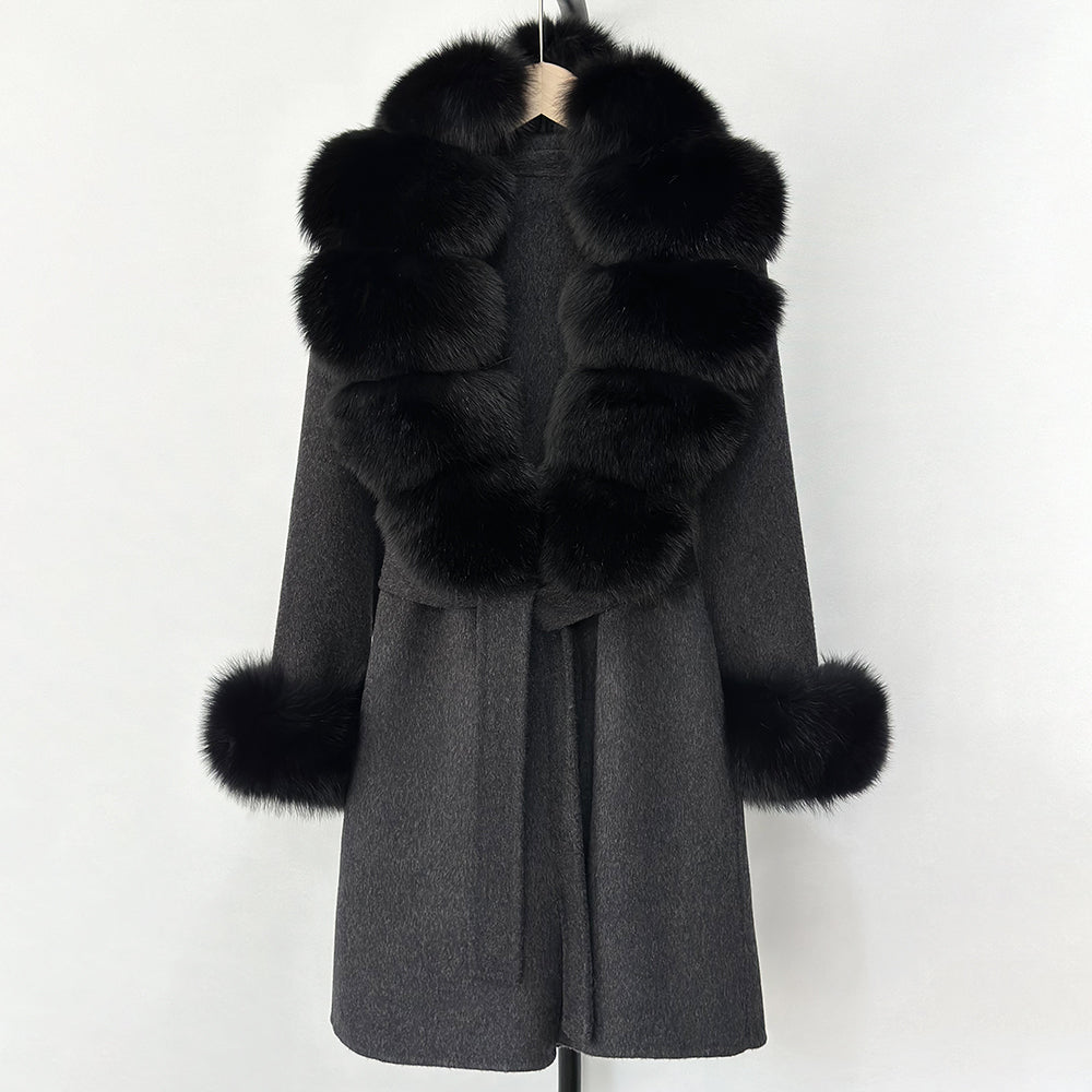 OFTBUY New Autumn Winter Top Clothes Women Belt Natural Fur Wool Coat Female Fashion Warm Woolen Jacket with Real Fox Fur Collar