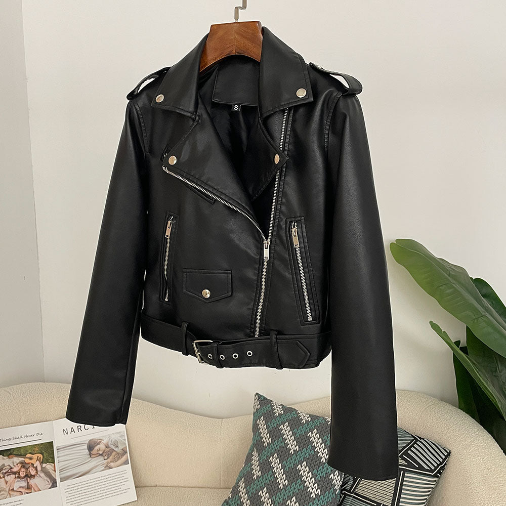 OFTBUY Women's Black Faux Leather Moto Biker Jacket Asymmetric Zip PU Coat with Belt New Autumn Winter Vintage Punk Outerwear