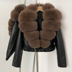 OFTBUY Natural Fox Fur Faux Leather Jacket Female New Autumn Short Top Clothing Women Long Sleeve Fake Leather Real Fur Coat