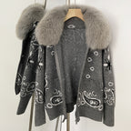 OFTBUY Women's Vintage Real Fox Fur Collar Knit Cardigan Paisley Print Zip Up Sweater Jacket Female Warm Winter Luxury Outerwear
