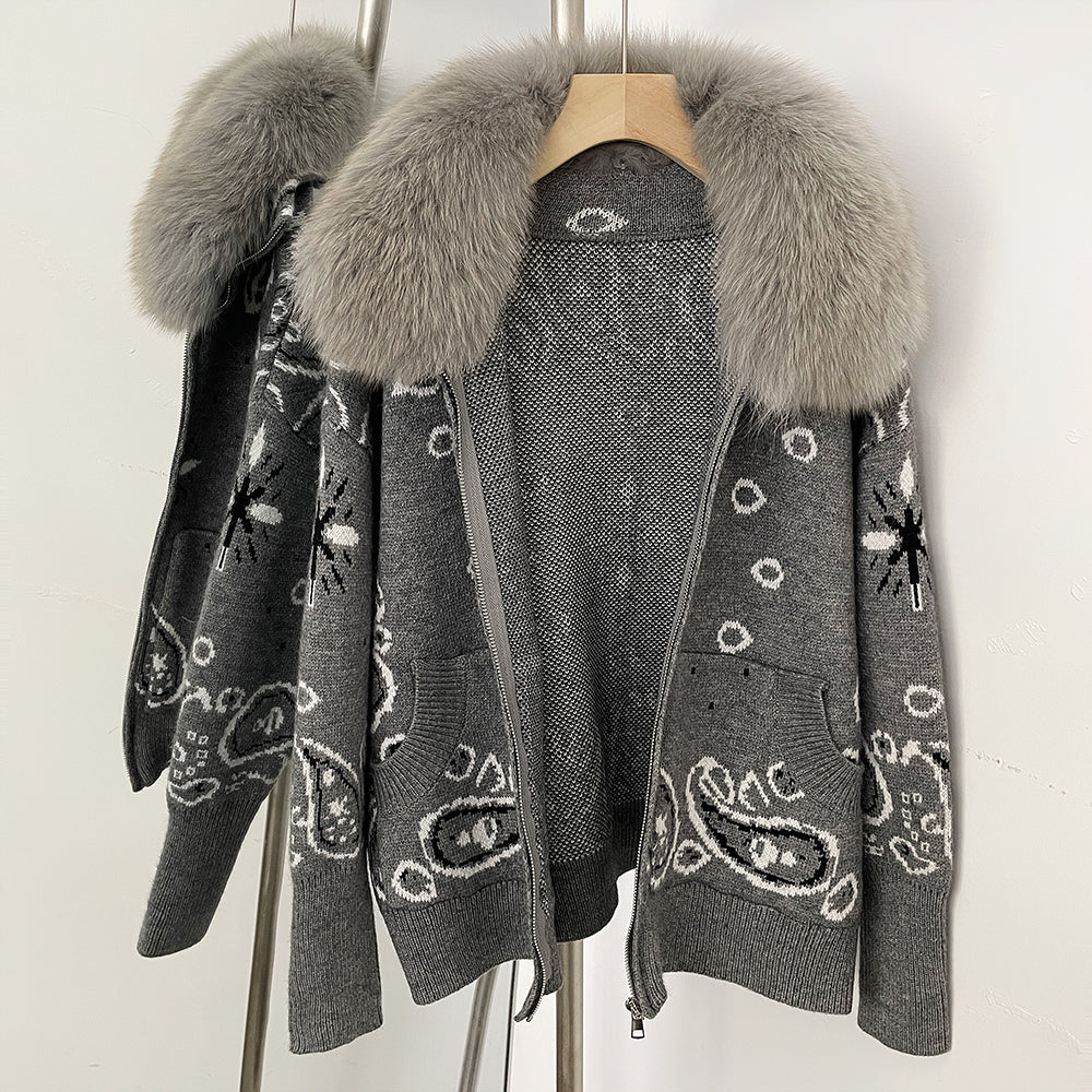 OFTBUY Women's Vintage Real Fox Fur Collar Knit Cardigan Paisley Print Zip Up Sweater Jacket Female Warm Winter Luxury Outerwear