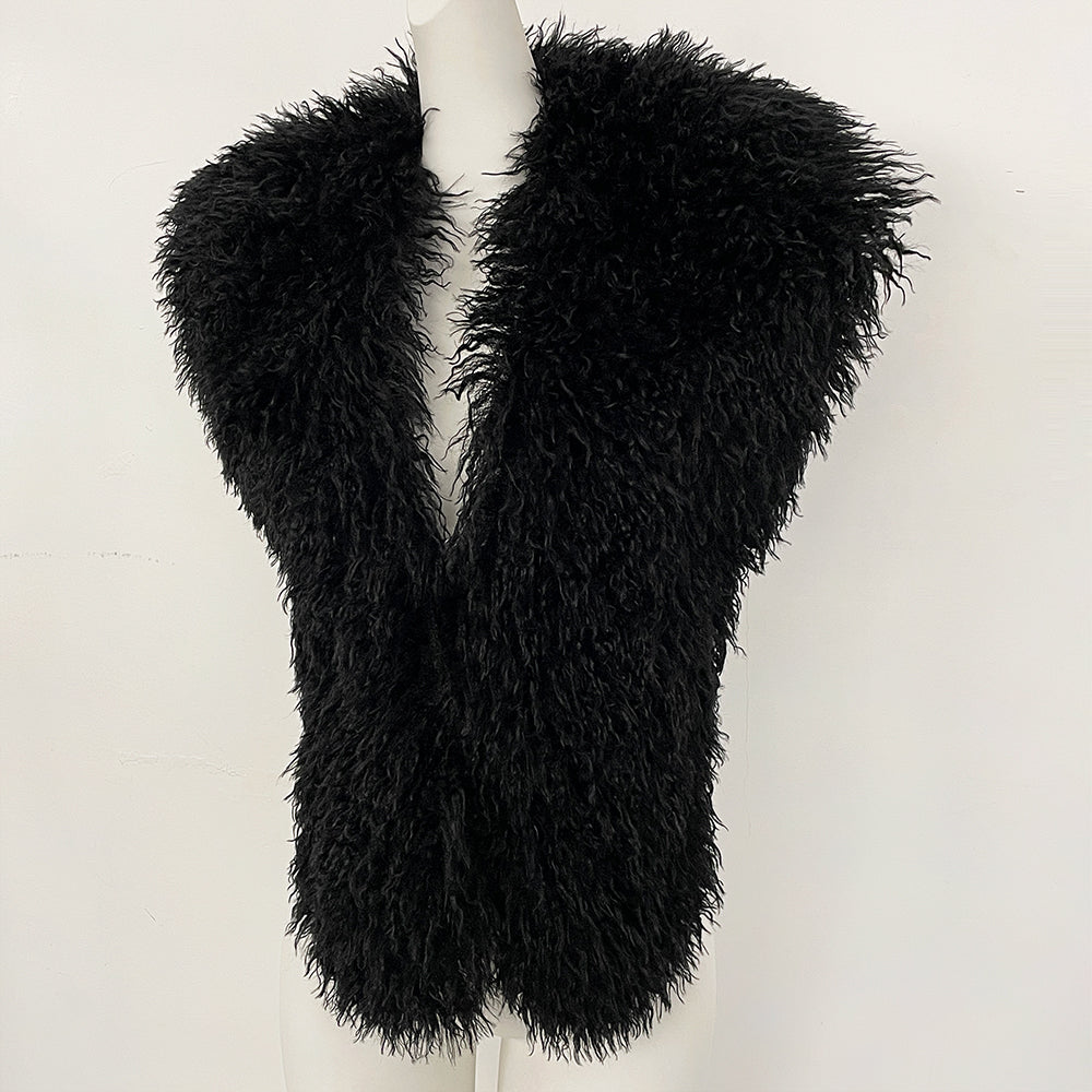 OFTBUY Women's Faux Mongolian Fur Vest Open Front Fluffy Faux Fur Waistcoat with Back Tie New Autumn Winter Outerwear Female