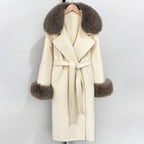 OFTBUY Fashion Warm Wool Coat with Real Fox Fur Collar New Autumn Winter Long Clothing Women Belt Elegant Woolen Jcacket Female