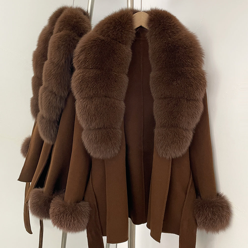 OFTBUY New Women's Double-Faced Wool Coat with Large Real Fox Fur Belted Warm Jacket Winter Elegant Fashion Outerwear Female