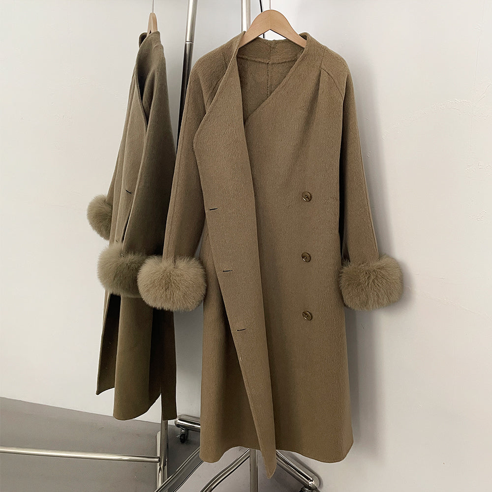 OFTBUY New Women's Wool Coat with Real Fox Fur Cuffs Double Breasted Belted Bow Pockets Warm Winter Elegant Fashion Outerwear