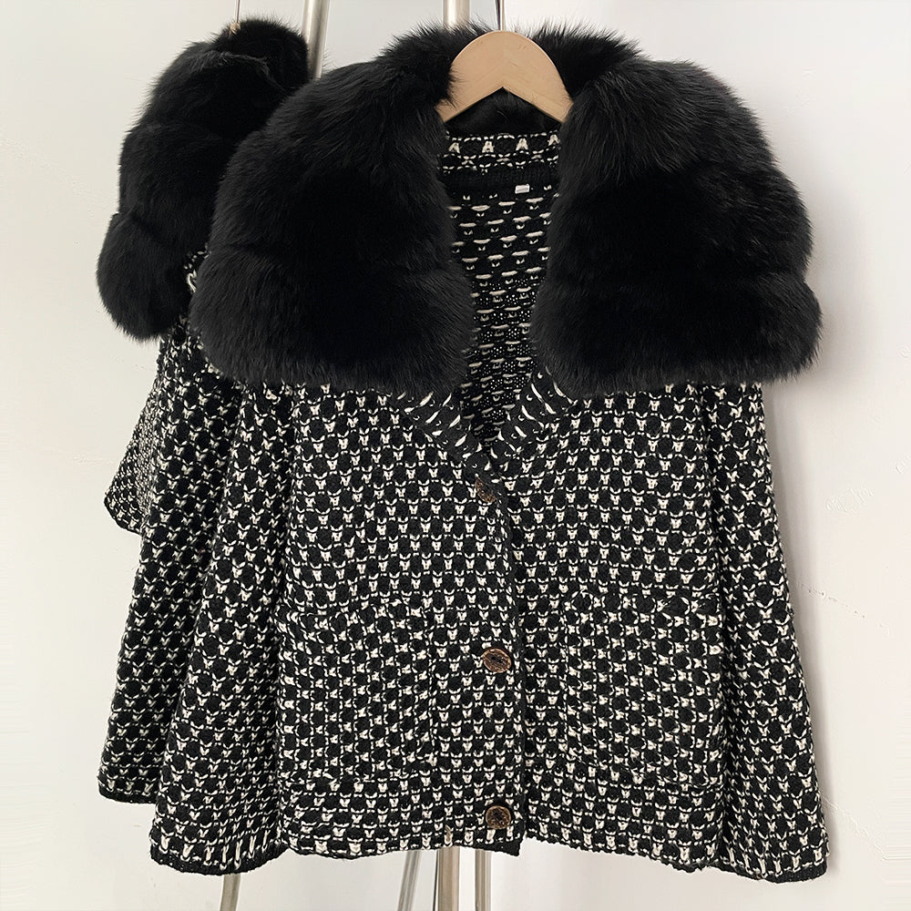 OFTBUY Women's Real Fox Raccoon Fur Collar Houndstooth Knit Cardigan Warm Winter Sweater Coat Female Luxury Elegant Outerwear